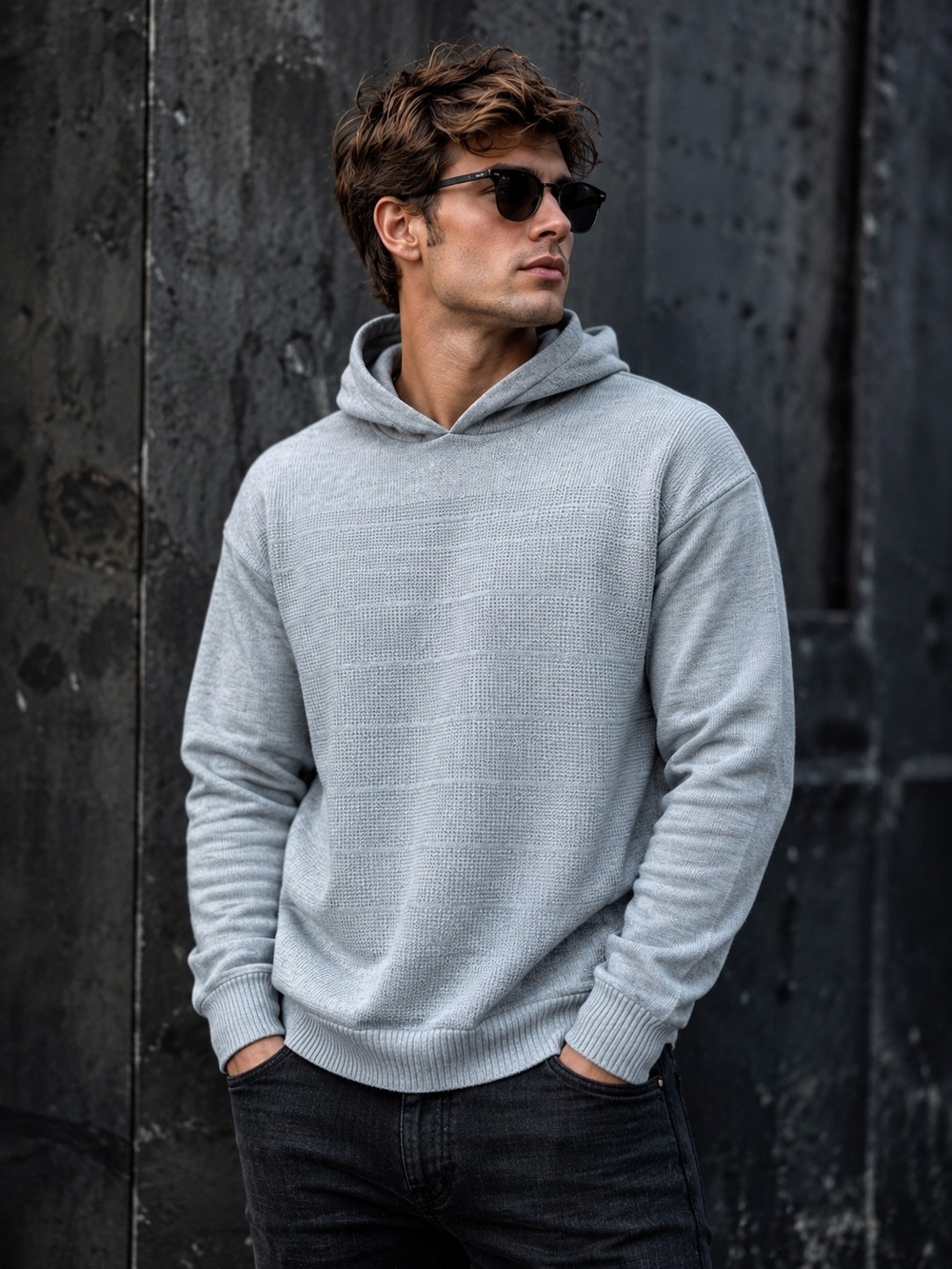 Men's Light Gray Hooded Knit Pullover Shirt